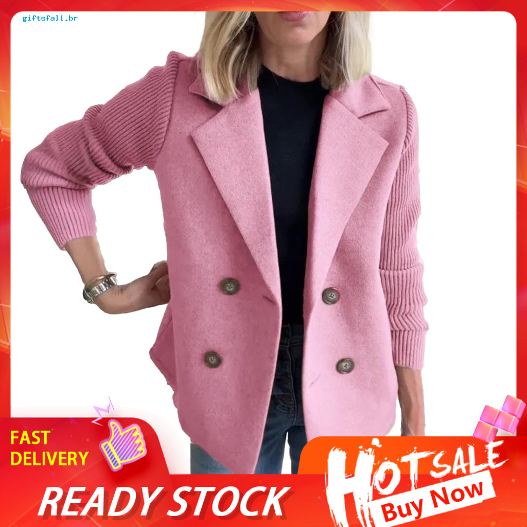 Women Polyester Coat Long Sleeve Jacket Women’s Double Breasted Wool Pea Notched Lapel Short Blazer with Ribbed Knit S