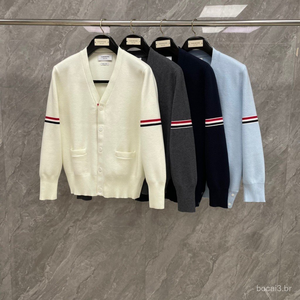 YBKC New autumn and winter double-sleeve red, white, and blue striped knitted wool cardigan, unisex couple style, trendy