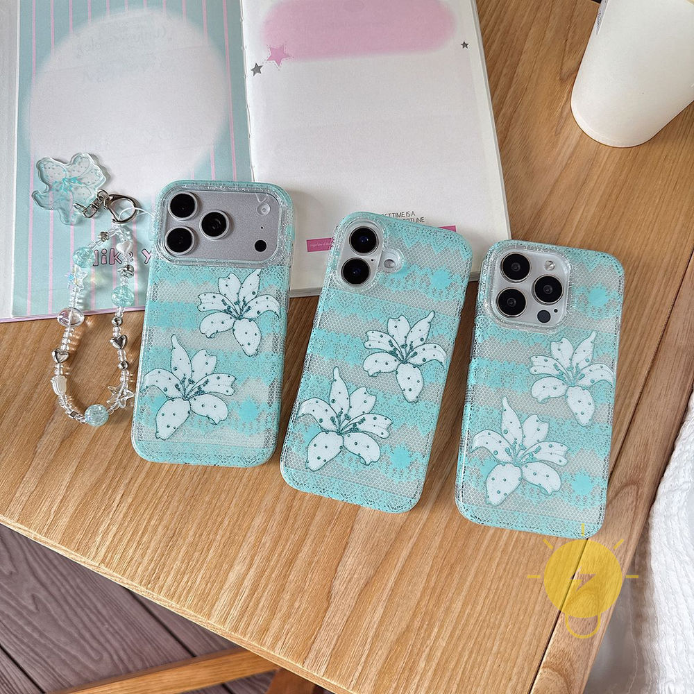 Capa Capinha Case For iPhone 17 Pro Max 16 15 TPU Keychain Chain Green Lace Gilding Lily