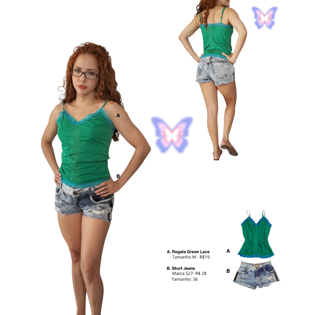 Regata Green Lace / Short Jeans Acid Wash S27 - Avulsos | Oui Margot Brechó