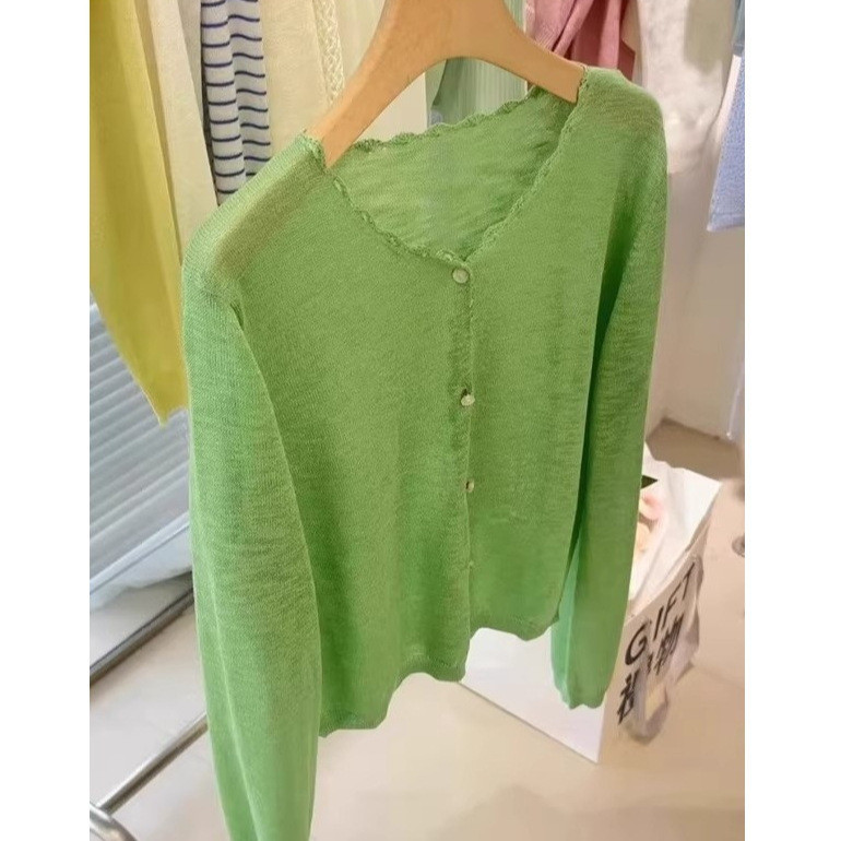 green v Lace Collar Knitted Cardigan for Women, Summer Outerwear, Sheer Sunscreen Shawl, Air Conditioning Cover-Up