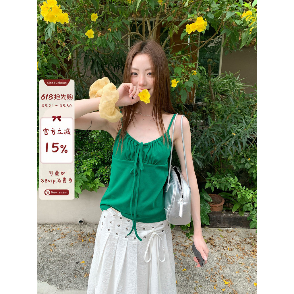Xinbang Forest Green Camisole 2026 Super Branco Dopamina Seaside Férias Estilo Lace-Up Linda Camisa Pequena nas Costas