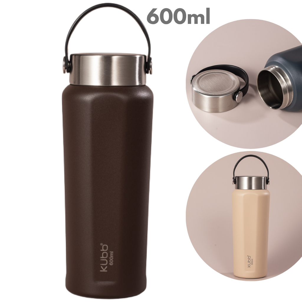 Garrafa Térmica Kubb 600ml 100% Inox Tampa Metálica Personalizada Quente Gelada Café Agua Parede Dupla com Isolamento