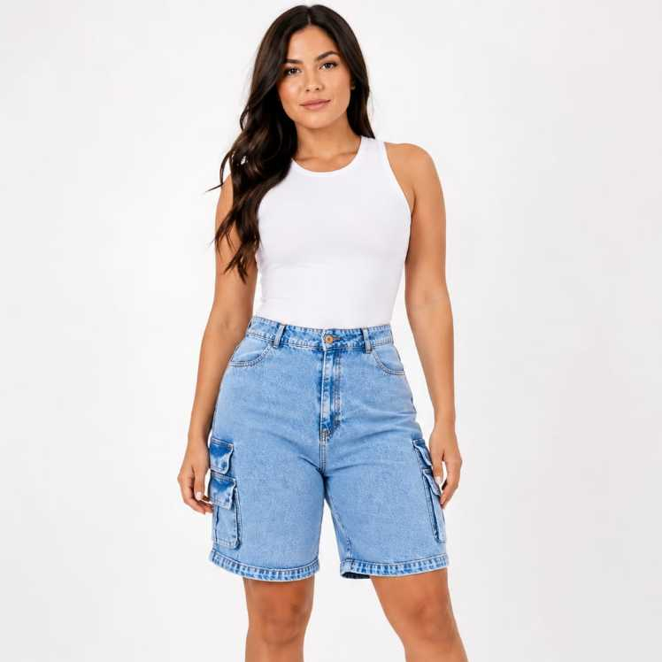 Bermuda Cargo Jeans Feminina com Tampa 100% Algodão Cintura Alta Azul Marmorizado Claro | Sabedoria Modas