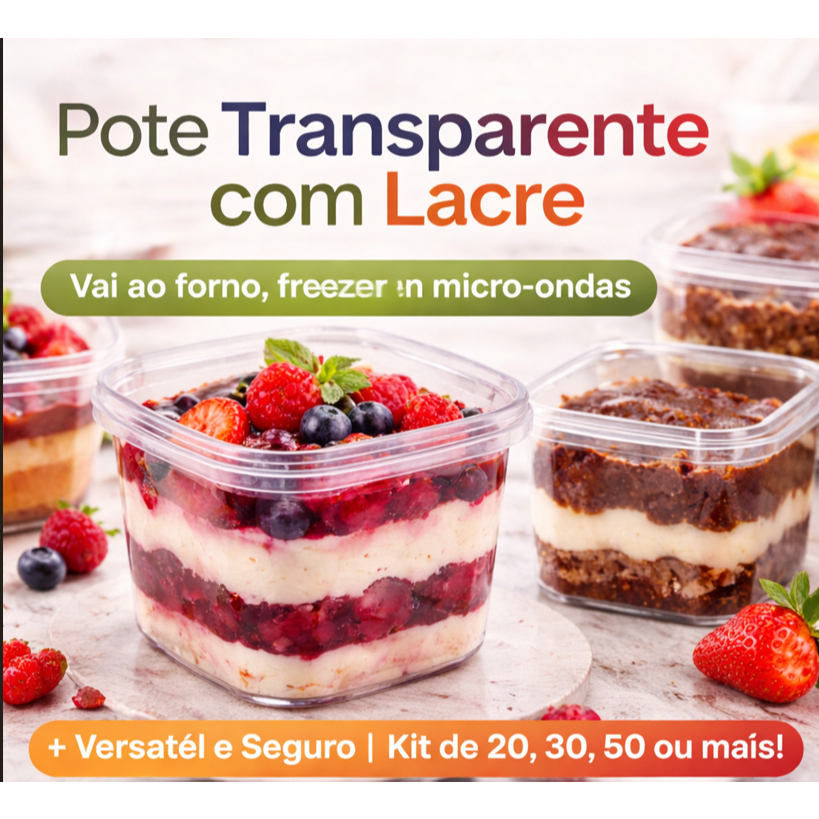 Kit 100 Potes Com Lacre 220ml Com Tampa PP5 Forneável Banho-Maria BPA Free Para Bolo Doces Sobremesas Descartável