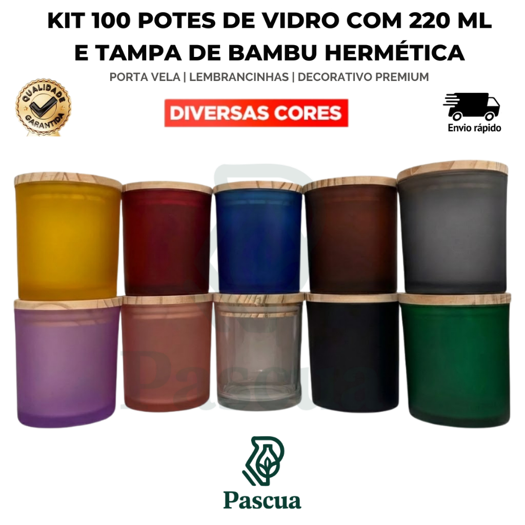 Kit 100 Pote 220ml para Velas Artesanais de Vidro com tampa em Bambu Premium Hémertico Copo