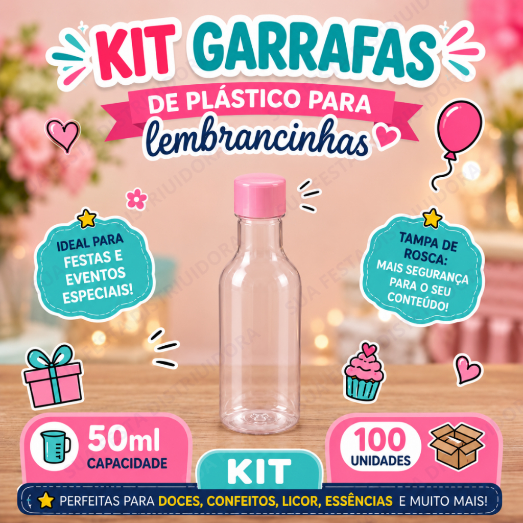 30, 50 e 100 Unidades de Garrafinhas De Plástico Com Tampa 50ml Para Lembrancinhas Aniversários, Chá Revelação e Festas