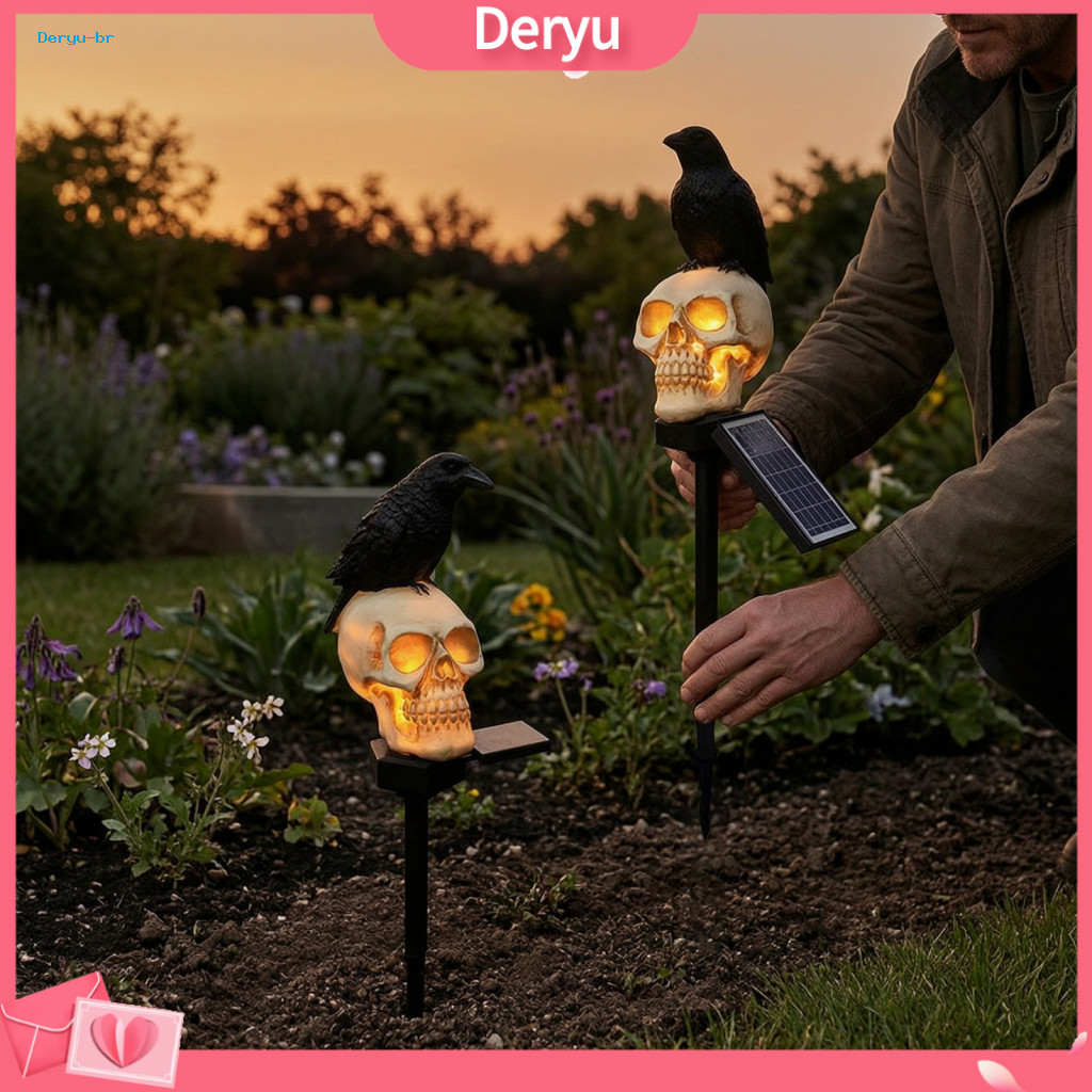 Decorative Stakes for Flowerbeds Waterproof Outdoor Resin Skull Lamps Led Solar Crow Light Halloween Garden Pathway Lamp