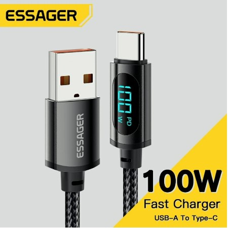 Cabo Essager USB para Tipo-C, 1 metro de comprimento, 100W, TURBO, 7a, com Visor de Voltagem.
