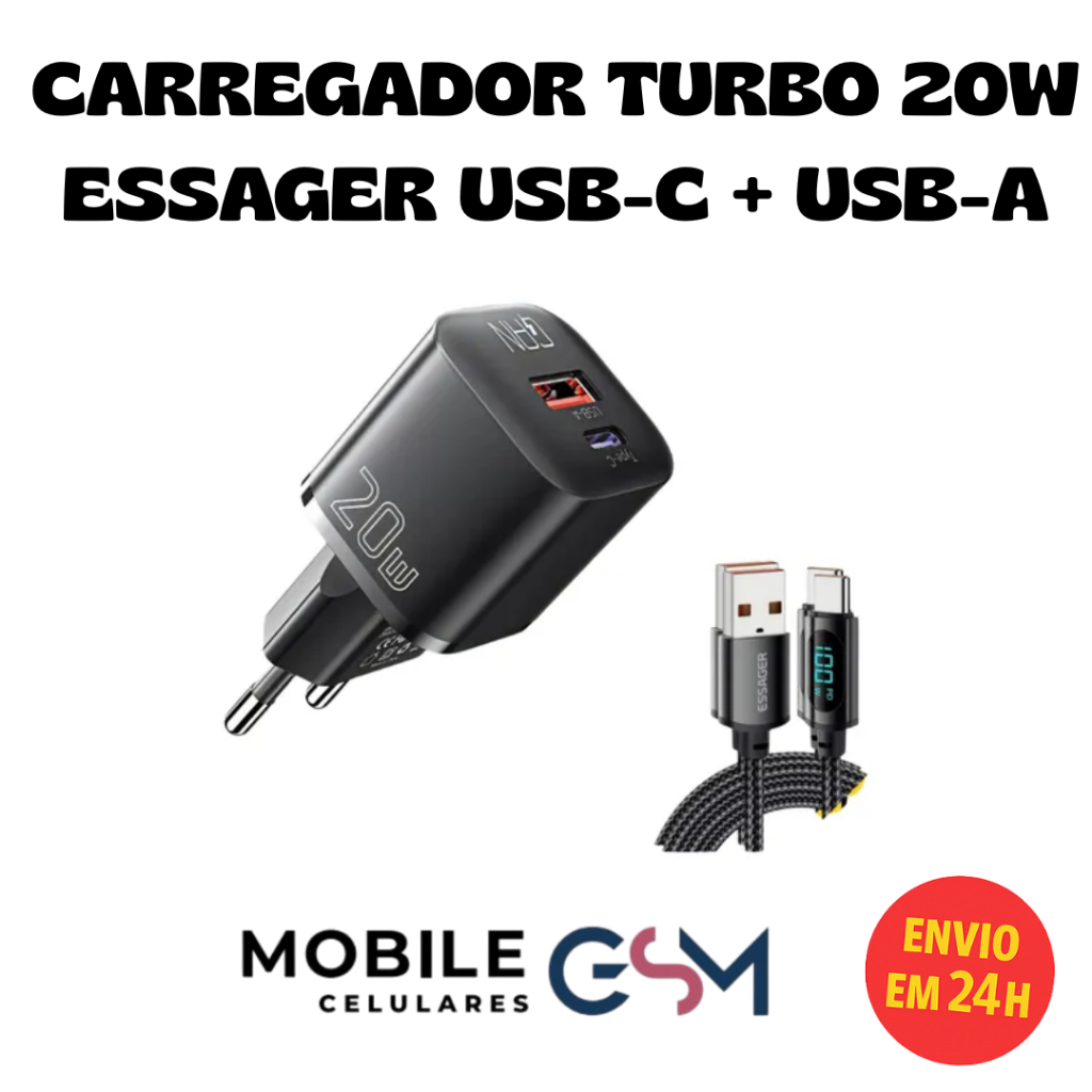 Carregador Parede 20w Usb-c + Usb-a + Cabo Usb Turbo Essager Cor Preto