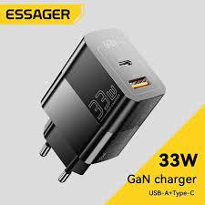 Carregador ESSAGER 33W TURBO, duas entradas Usb A e Tipo C GAN sistema inteligente
