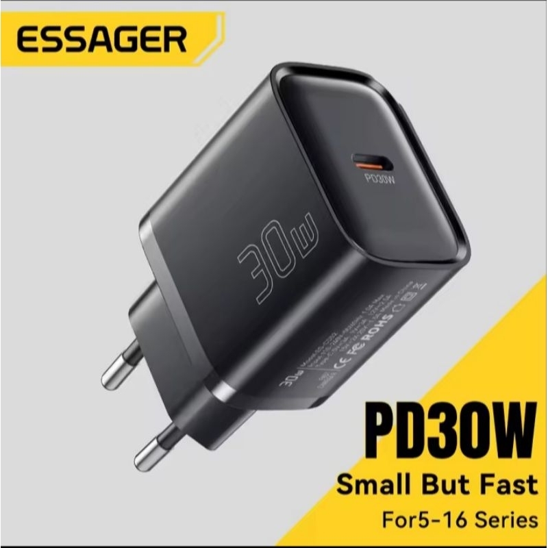 Carregador Turbo 30W USB-C PD Essager Original | Carga Rápida iPhone e Android |  Bivolt