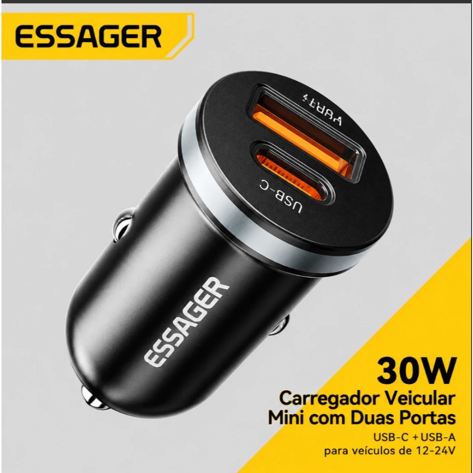 Carregador de Carro Veicular Turbo Essager 30W porta USB + porta Tipo-C Preto com Carga Rápida e Porta Dupla