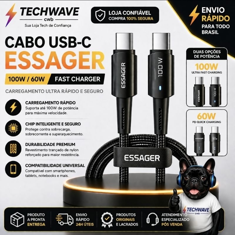 Cabo USB-C Essager 100W ou 60W PD 3 metro SUPER RÁPIDO ⚡ Tipo C para MacBook Samsung Xiaomi Turbo