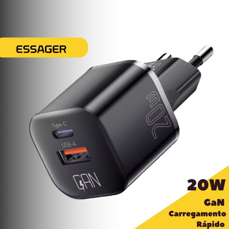 Carregador Celular Turbo - Essager até 30W GaN USB Tipo-C – PD 3.0 / QC 3.0 Android Iphone IOS 2025