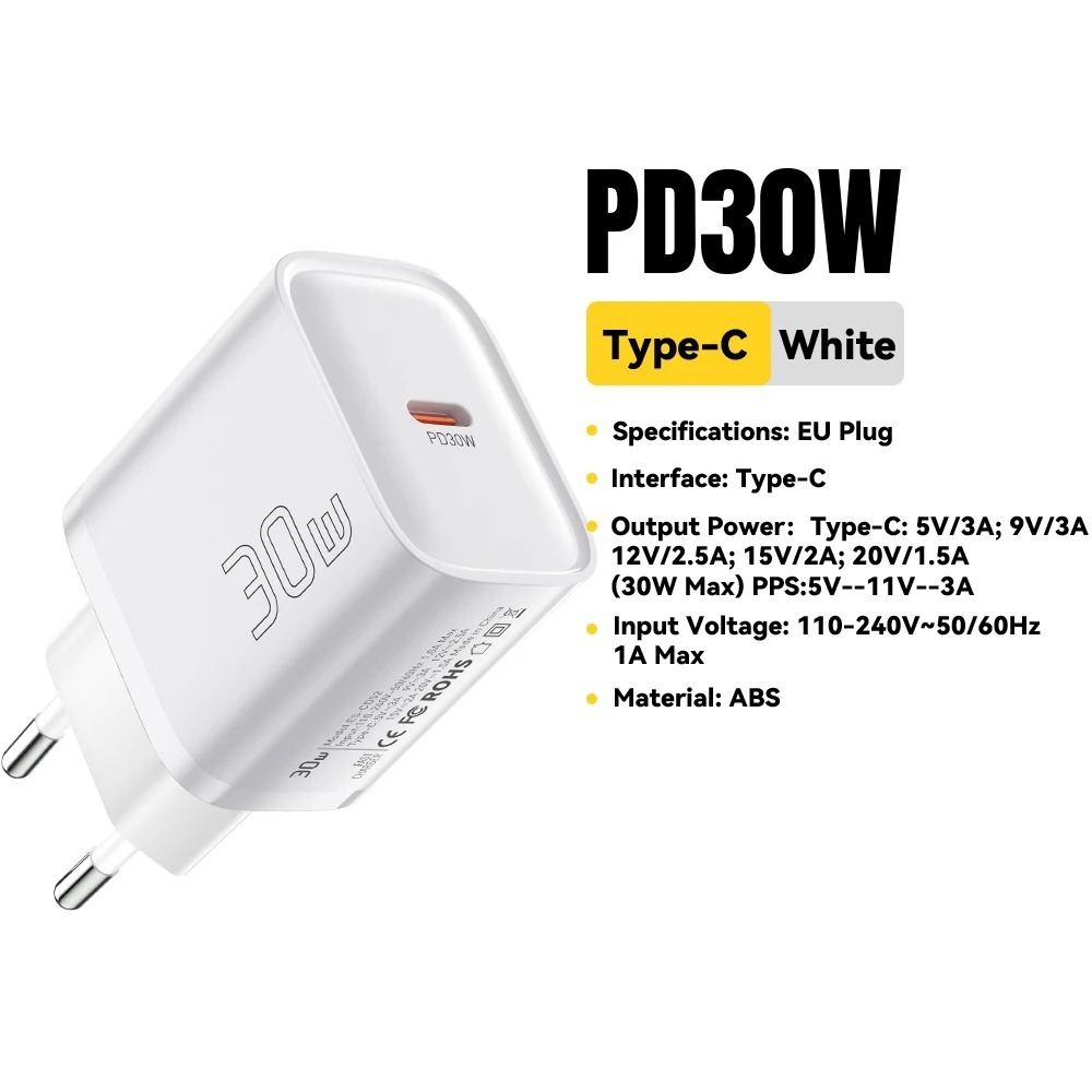 Essager Carregador Turbo 30W Tipo C PD QC3.0 Plugue EU - iPhone Samsung Xiaomi iPad