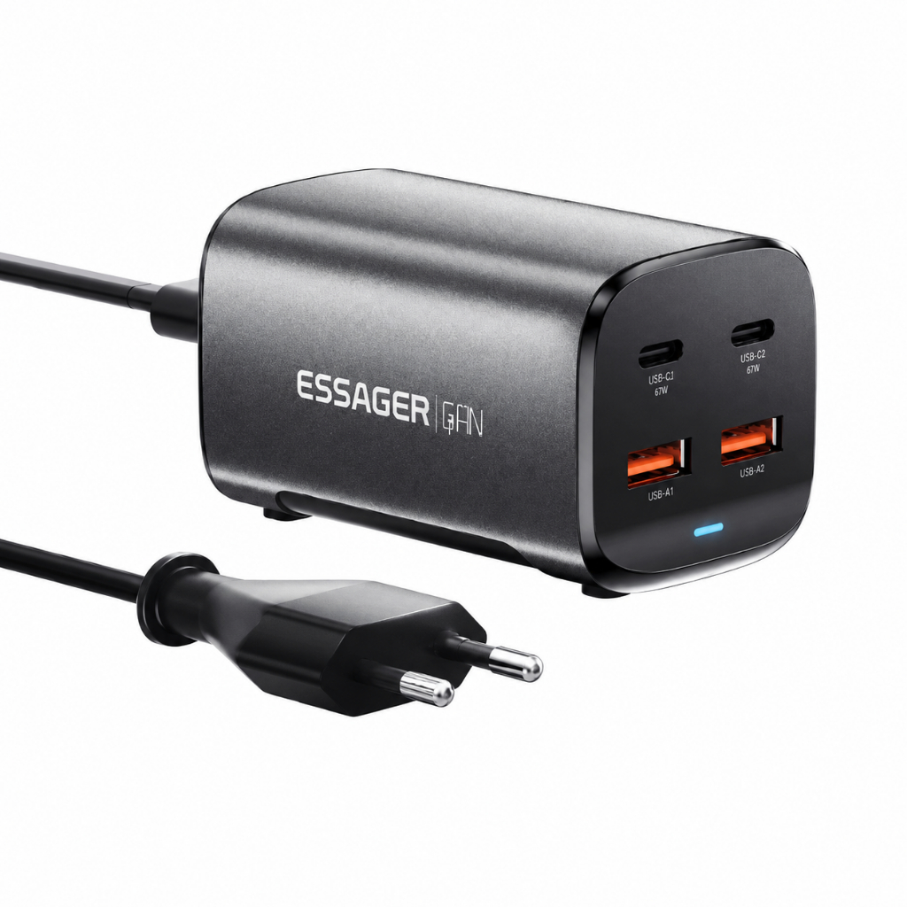 Carregador Turbo GaN Essager 67W Preto 4 Portas 2USB-C+2USB-A Carga Rápida PD QC4.0 3.0 iPhone Samsung MacBookcrie c