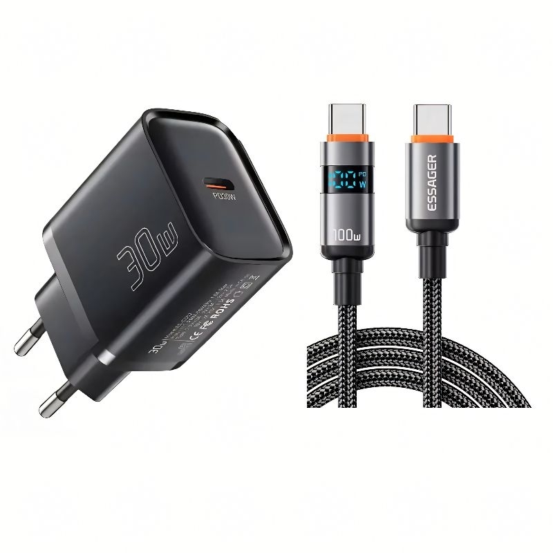 Carregador Essager 30W Mini USB-C + Cabo Turbo 100W com Visor Digital 2 Metros