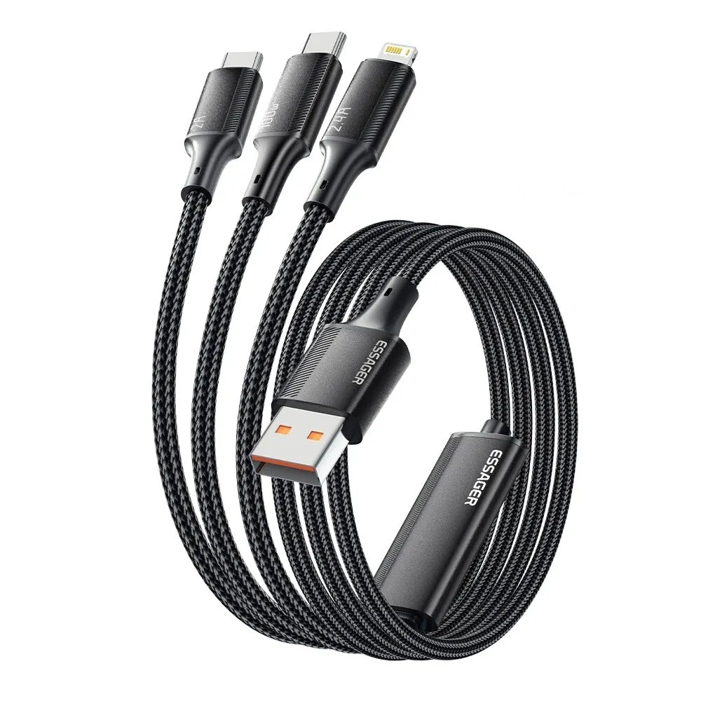 Cabo Multi Usb 3 Em 1 Essager 3.5a 1.5 Metro Turbo Preto