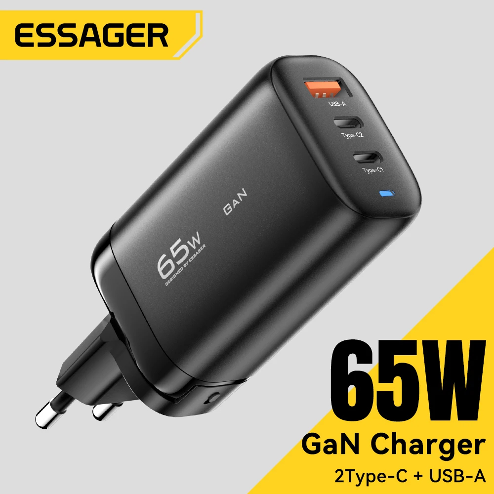 Carregador Essager 65W GaN Turbo USB Tipo C PD3.0 QC3.0 Carga Rápida Tomada EU para iPhone Samsung Notebook