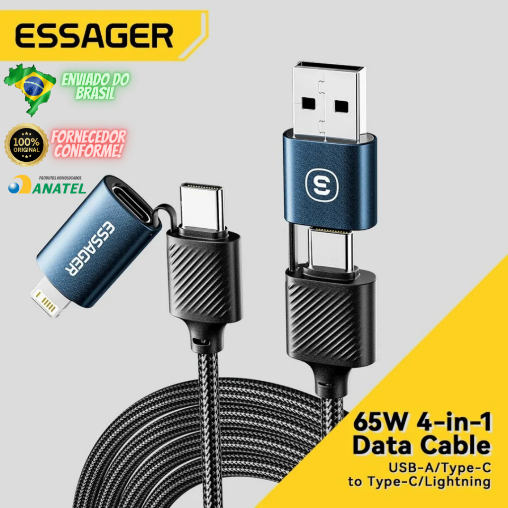 Cabo para Celular ESSAGER ORIGINAL 4in1 Carregamento Rápido USB, modelo com 4 tipos de pontas. Turbo