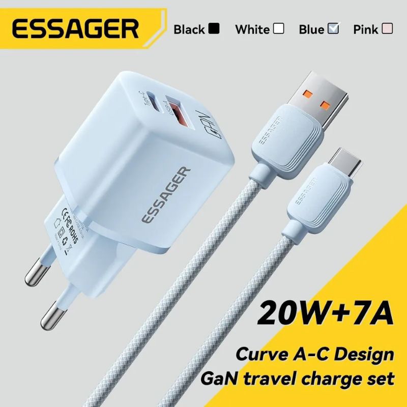 Carregador Turbo GaN Essager Tipo C+USBA+Cabo de Viagem 20w