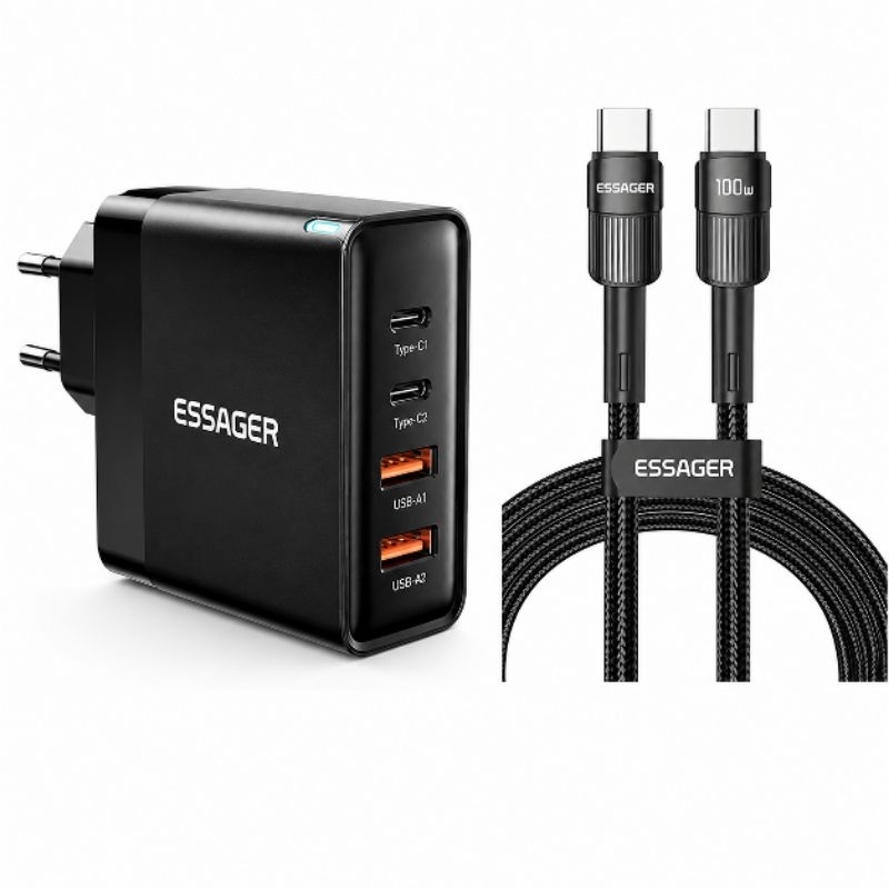 Kit Carregador Turbo Essager 100W GaN 4 em 1 + Cabo USB-C 100W 2m