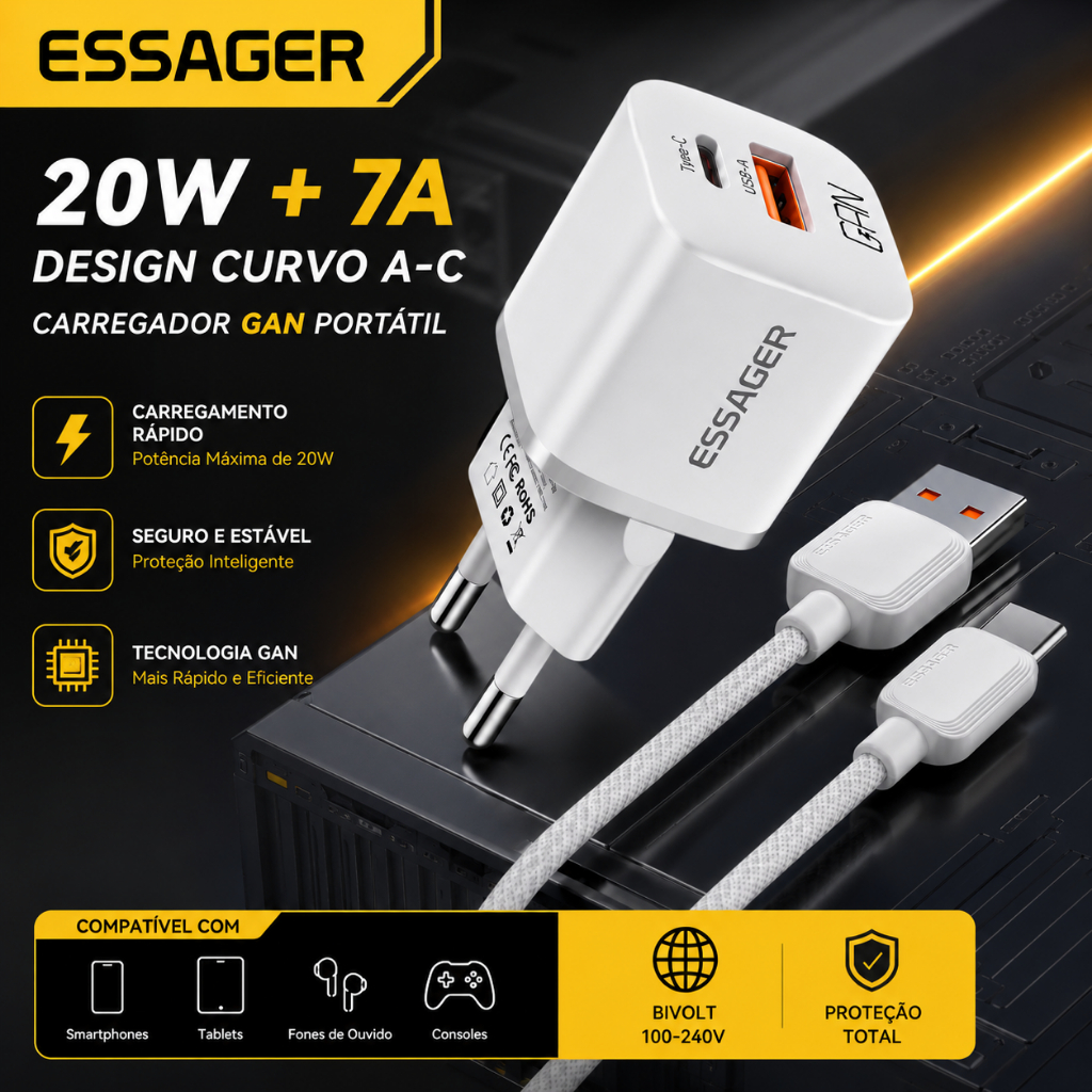 Kit Carregador Turbo Essager GaN 20W Original | USB-C PD + USB QC 3.0 | Cabo Tipo C Incluso