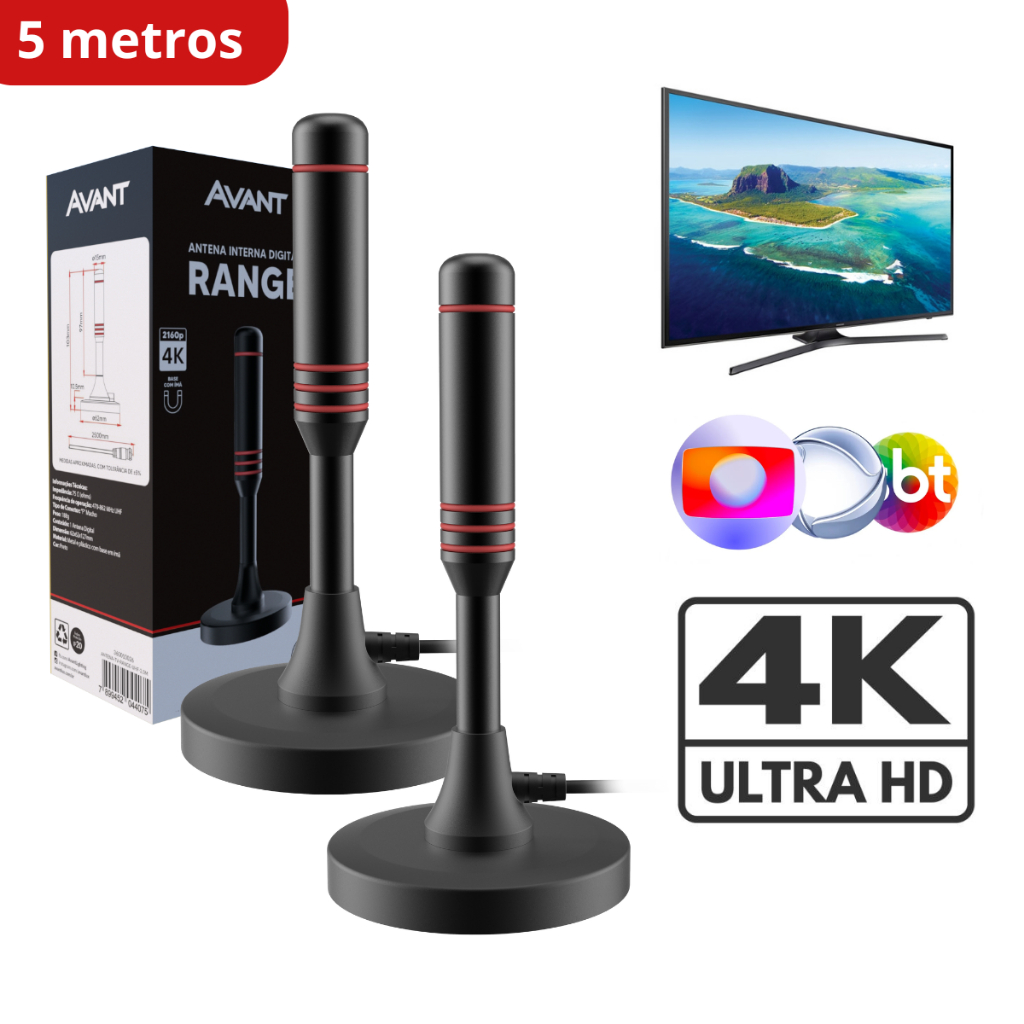 Kit 2 Antenas Digital Tv UHD 4K Range Com Base Magnética e Cabo de 5 metros Preto Cod: 360020034-2 Avant