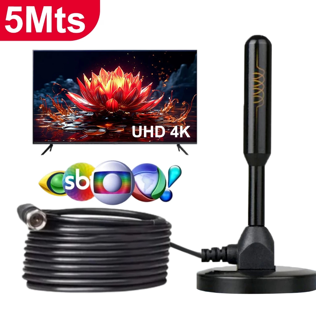 Antena Digital TV 4K UHD Full HD Amplificada Interna e Externa com Cabo 5 Metros e Base Magnética