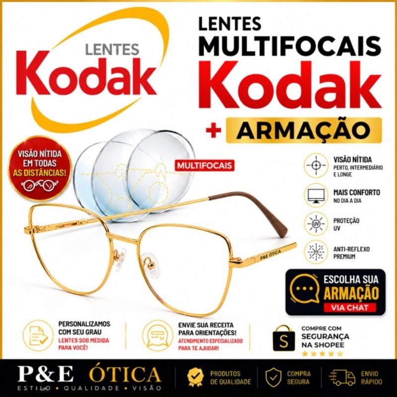 Óculos Completo: Lentes Multifocais Kodak UHD DiGiTaL, MAIOR CAMPO VISUAL AR Ou Filtro Blue