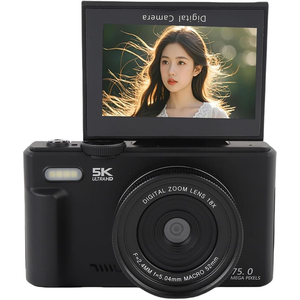 Câmera Digital, 5K 75MP UHD WiFi com Autofoco, Tela Flip de 3