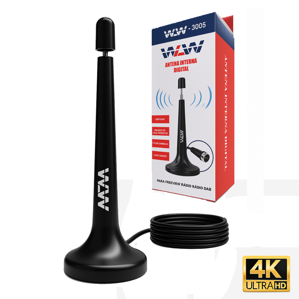 Antena Digital Televisão Hd tv Interna Fio 5 metros Base Imã Uhf 4k uhd