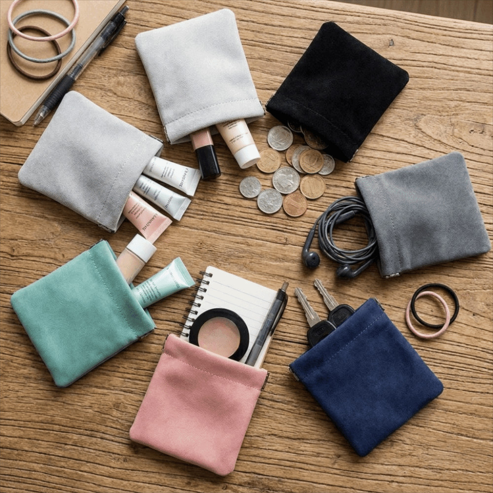 Bolsa De Armazenamento Pequena , Mini Cosmética De Camurça Com Fechamento Automático , Organizador De Cabo Aberto