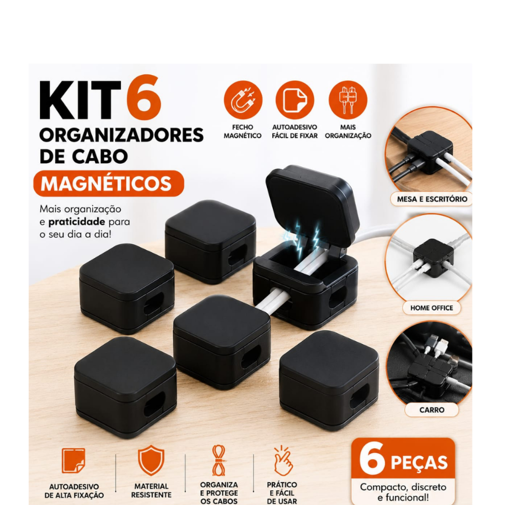 Kit 6 Organizadores de Cabos Fios e Carregadores Adesivo com Fechamento Magnético