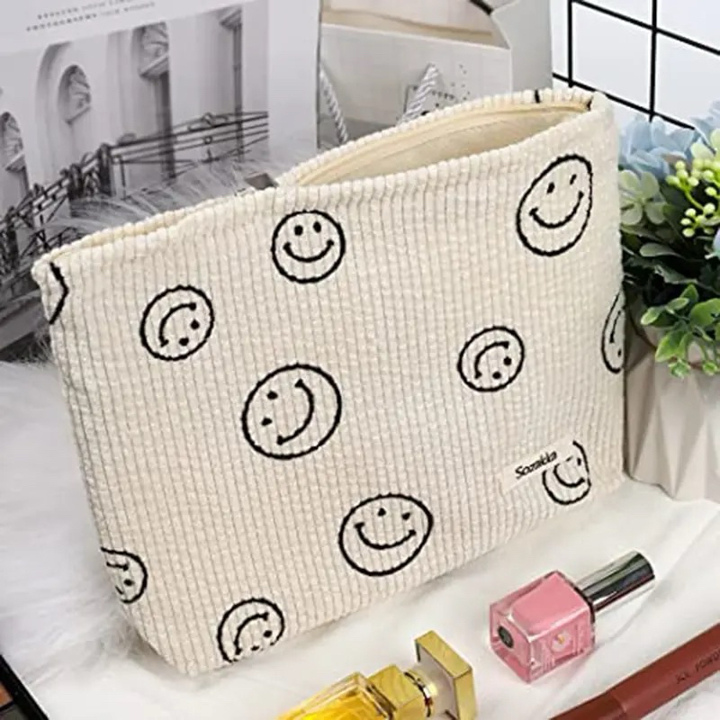 Necessaire Bolsa Organizador Maquiagem Cabos Roupas Estampado Smiles Fechamento Em Ziper Branco Casua Versatil
