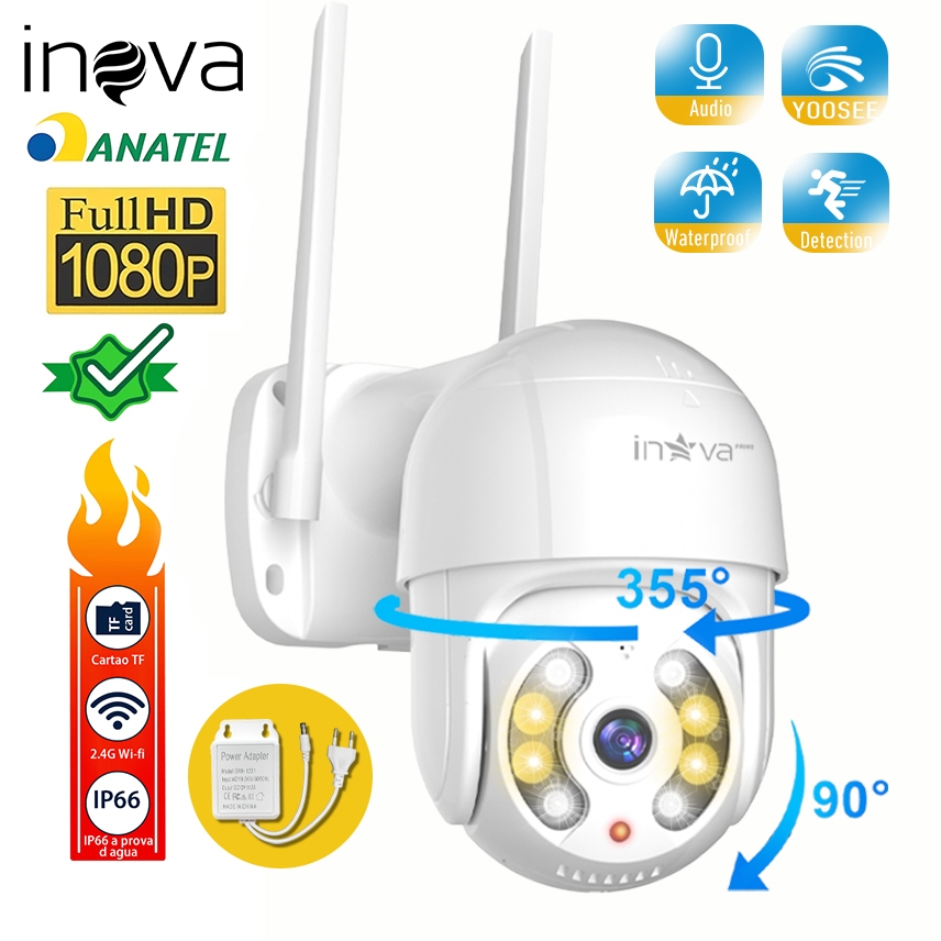 INOVA Câmera IP Wiﬁ 360° Controle Remoto via Celular Audio Bidirecional 1080P Visão Noturna IP66 APP YOOSEE