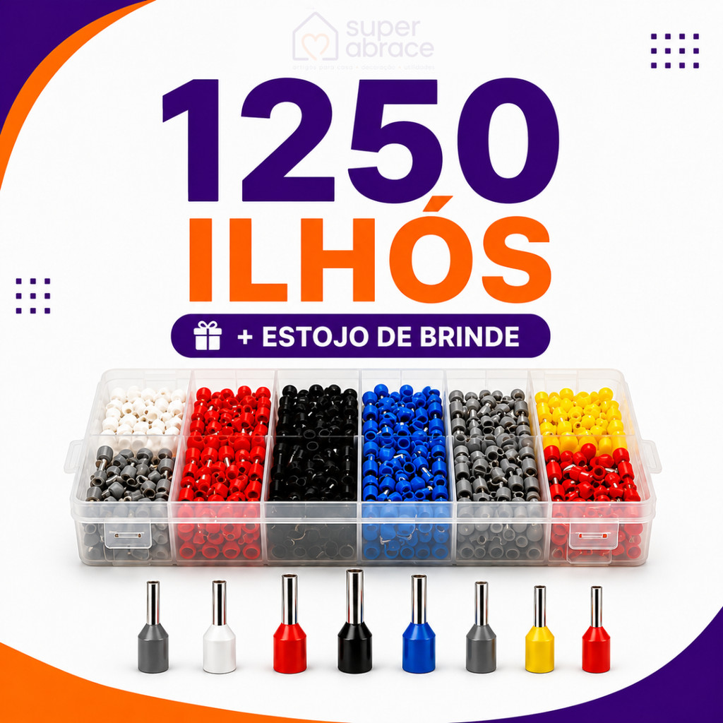 Kit Maleta 1250 Terminais Elétricos Ilhós Tubular 0,5mm a 10mm Conector Fio Cobre Isolado Tomada Conexão Elétrica