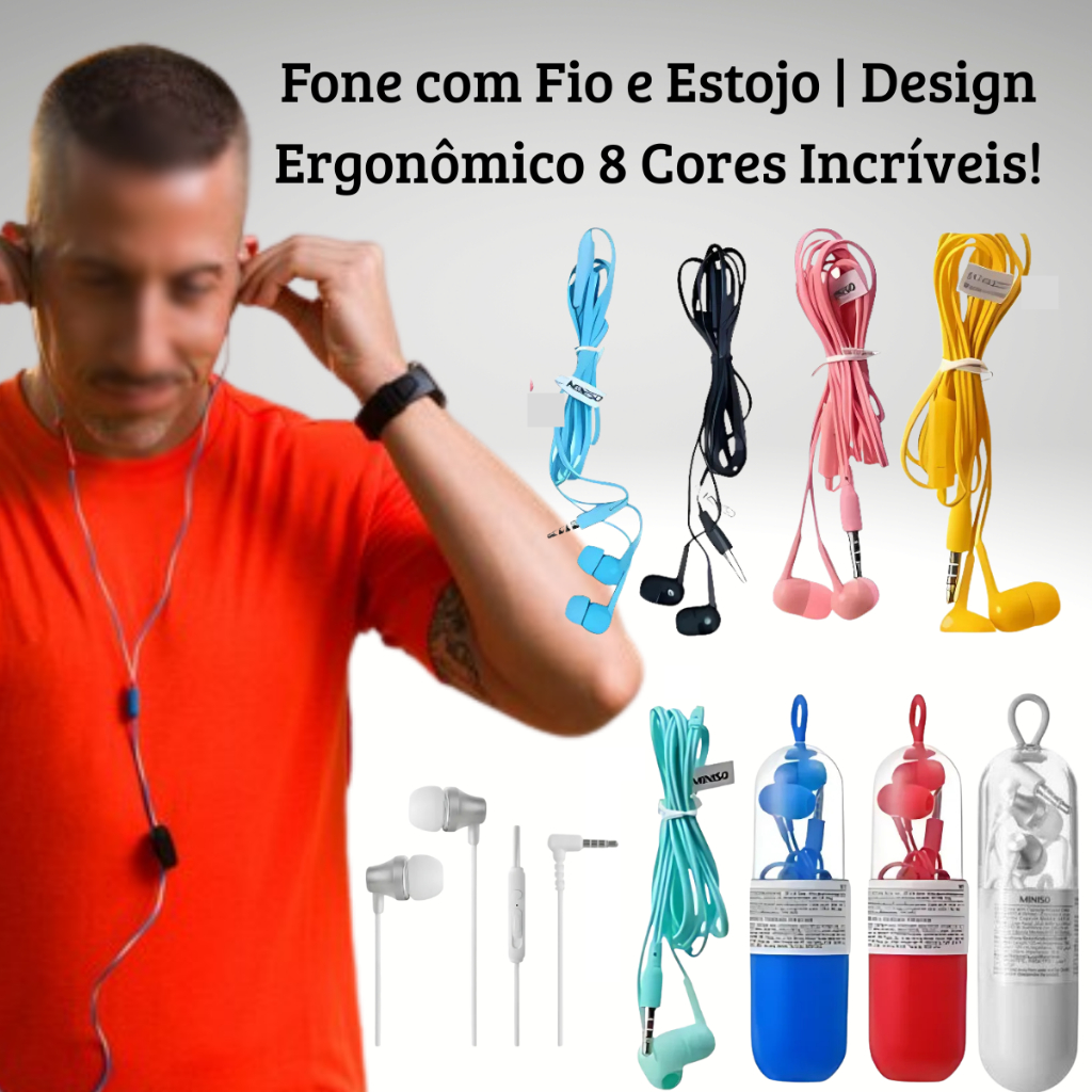 Fone de Ouvido com Fio Estojo Conector P2 (3,5mm) rosa, amarela, azul, branca, vermelha, preta