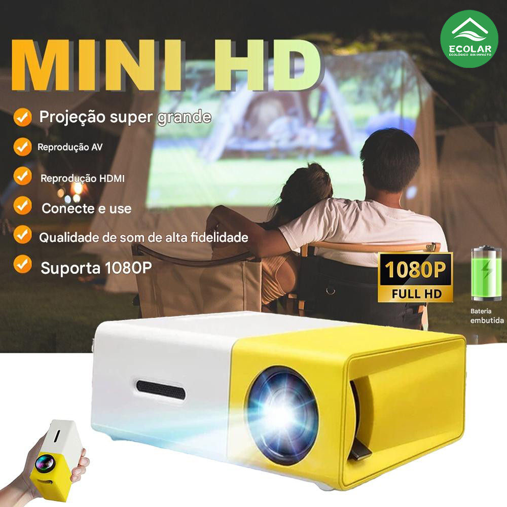 Projetor LED portátil YG300 | Qualidade Full HD 1080P, compatível com conexão HDMI plug and play, essencial para casa