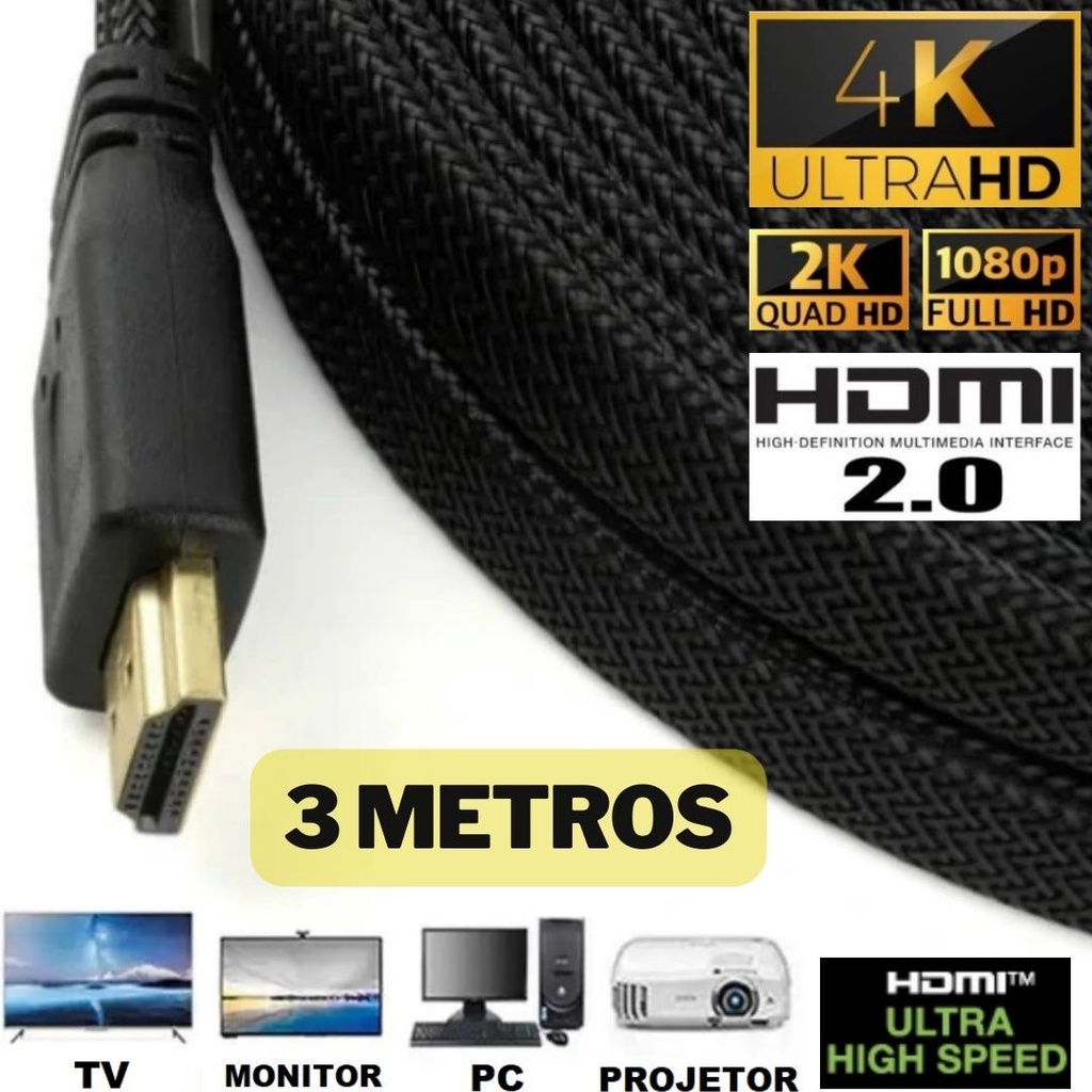 Cabo HDMI 3m 4k 2k 2.0 Full Hd 1080p 3D Alta Qualidade 3 Metros