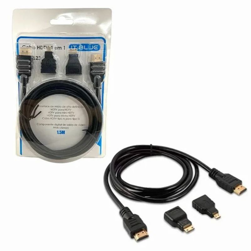 Cabo HDMI 4 em 1 IT-Blue 1.5M Adaptadores Mini e Micro HDMI Full HD 1080p Alta Qualidade