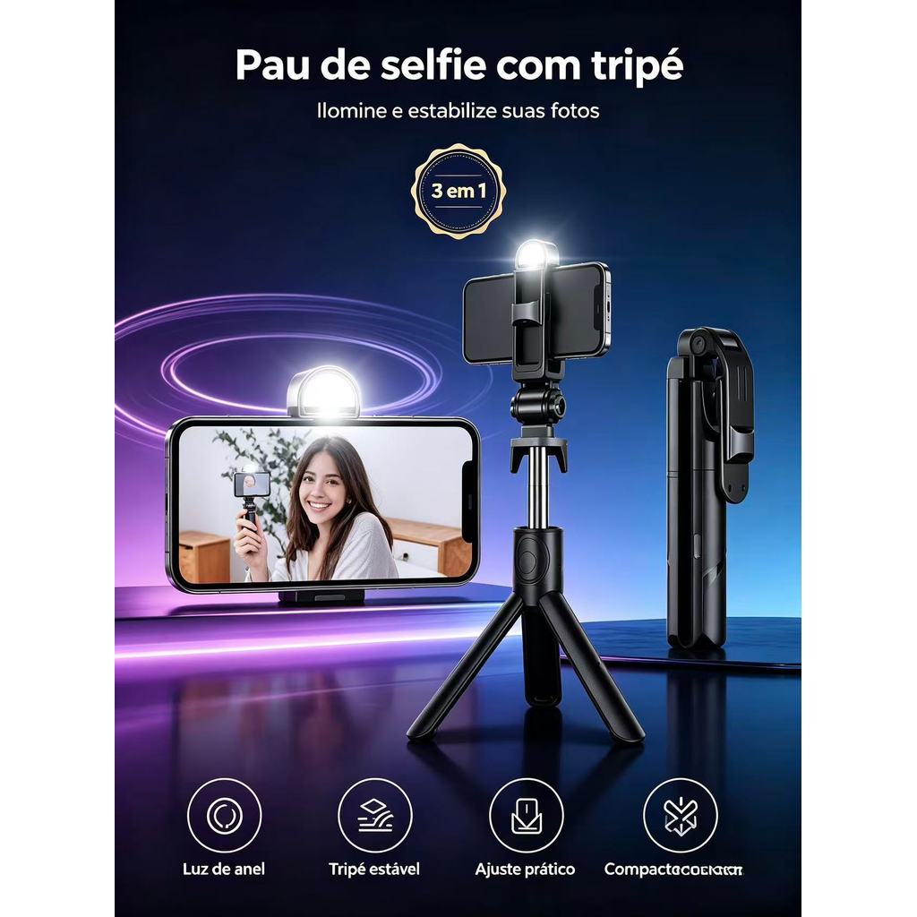 ripé Pau de Selfie com Luz LED, Controle Bluetooth, Retrátil – Ideal para Fotos e Vídeos