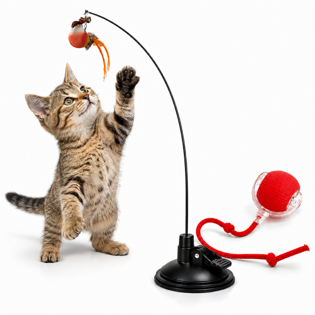 Kit Brinquedo Interativo para Gatos Vara com Ventosa Passarinho e Bola LED Inteligente