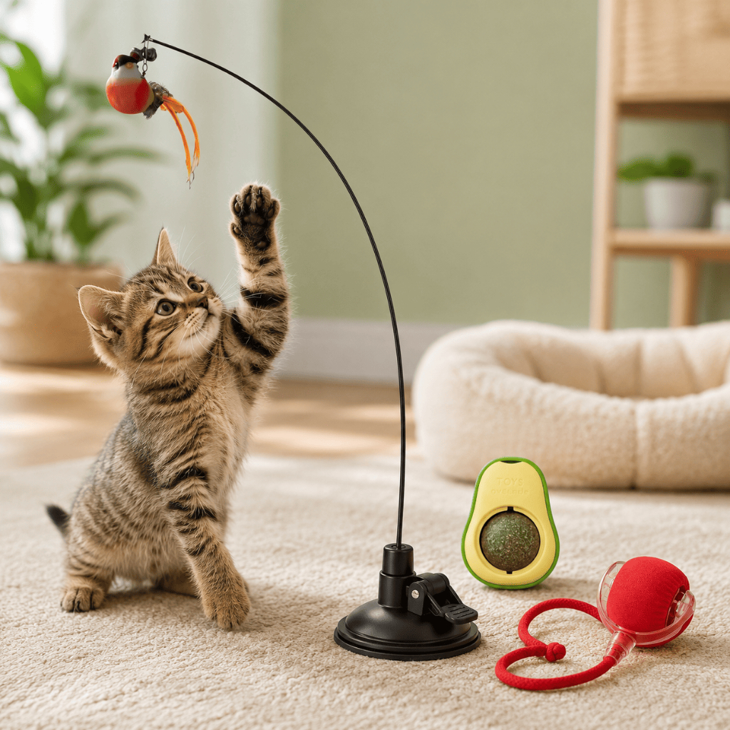 Brinquedo Interativo para Gato Vara com Ventosa Passarinho Catnip Bola LED Automática