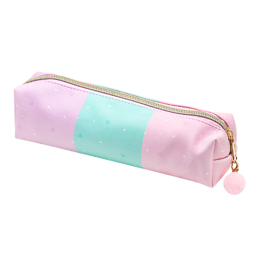 Estojo Simples Escolar s2 Verde e Rosa c/ ziper Pompom - BRW