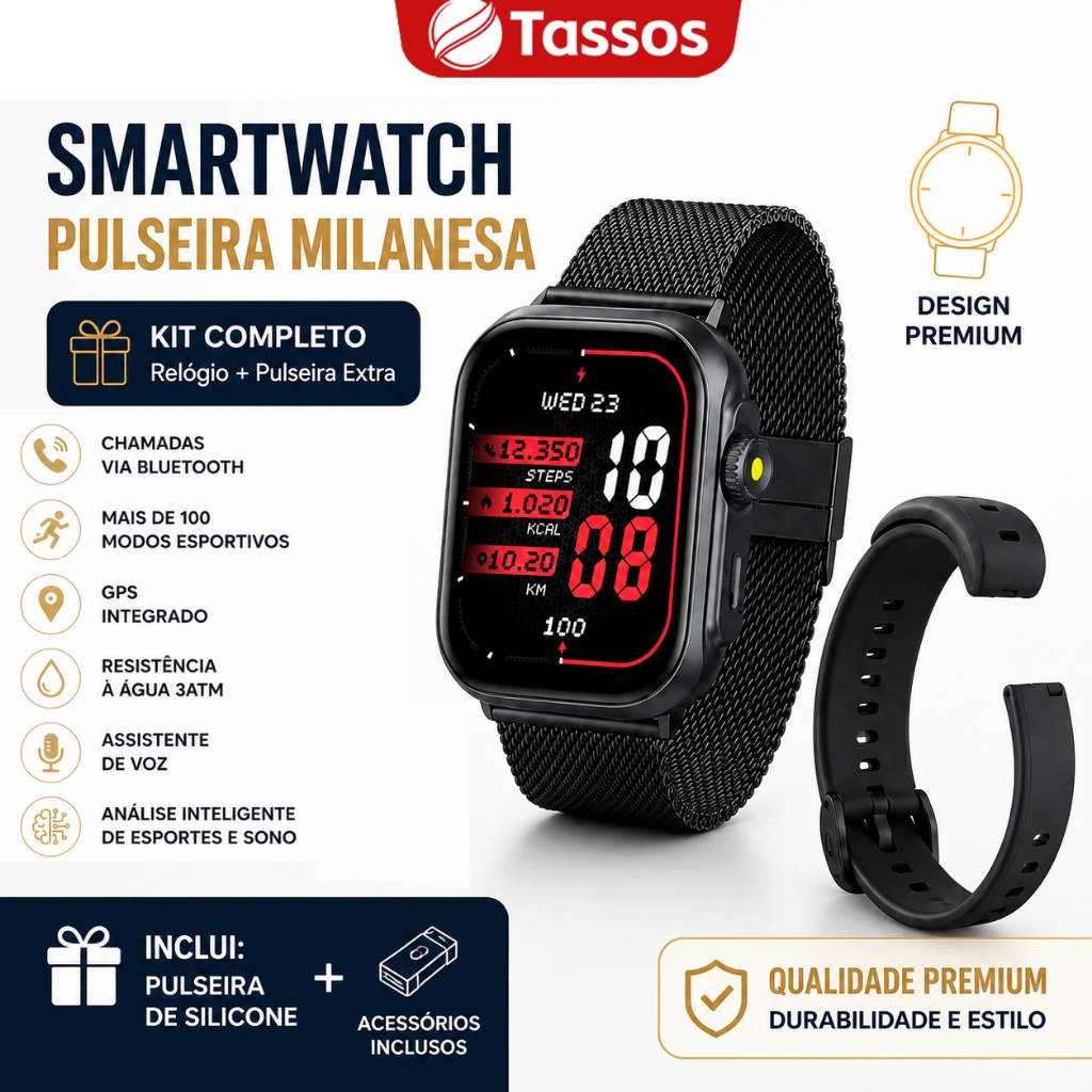 TASSOS Relógio Inteligente Smartwatch Bluetooth com GPS 3ATM Mais de 100 Modos Esportivos Monitor Cardíaco Bateria Longa