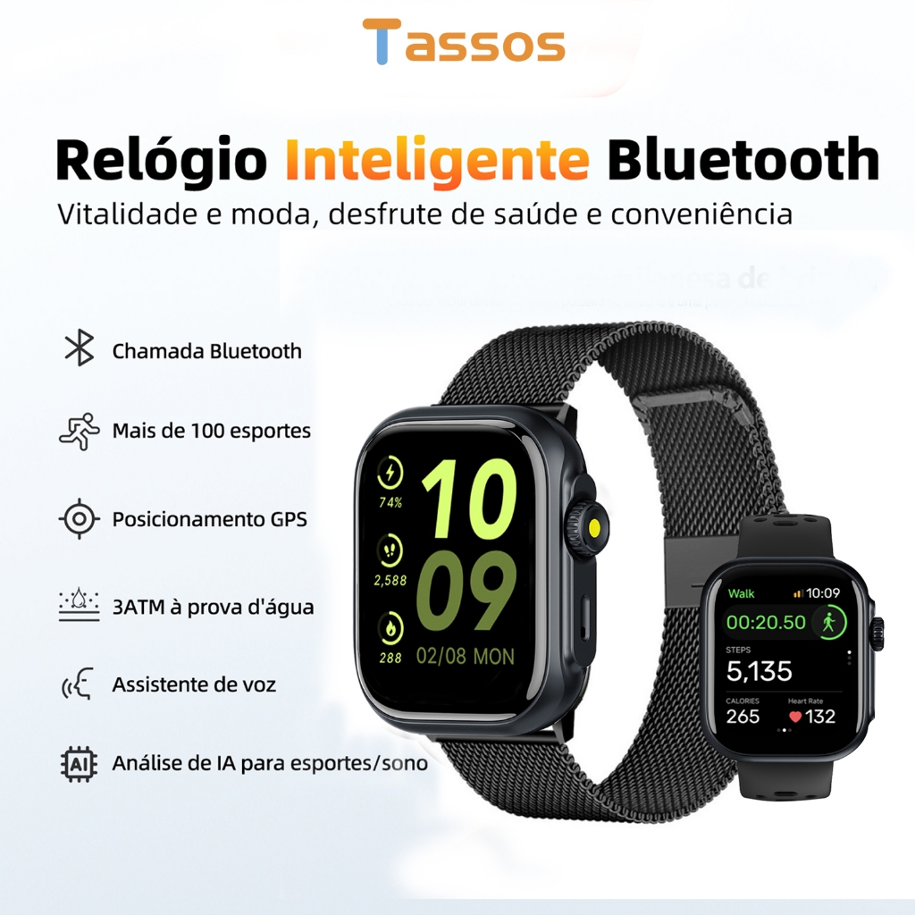 TASSOS Relogio Masculino Smartwatch Alexa Bluetooth Call GPS 1,85 polegadas pulseira de malha magnética 3ATM