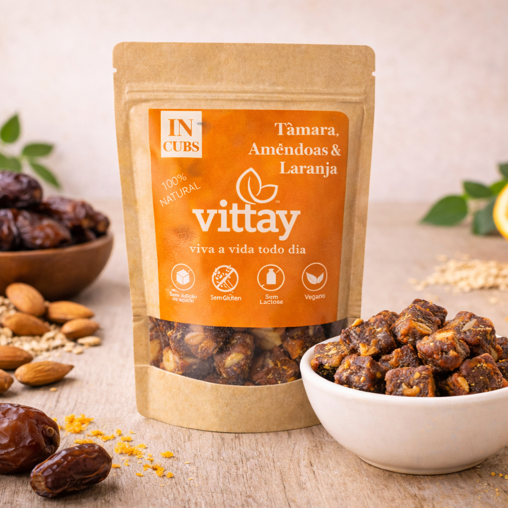 Doce fit - Sem Adição de Açúcar - Tâmara, Amêndoas e Laranja -  Frutas em Cubo IN CUBS Vittay granel