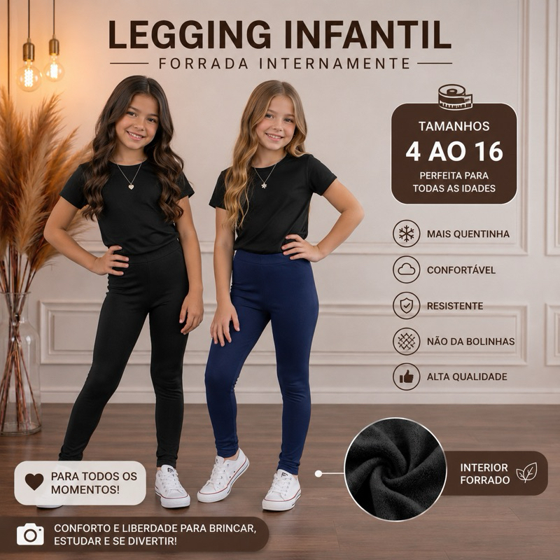 Calça Legging Infantil e juvenil Forrada Suplex 4 ao 16 Peluciada Térmica Frio Alta Qualidade Quentinha